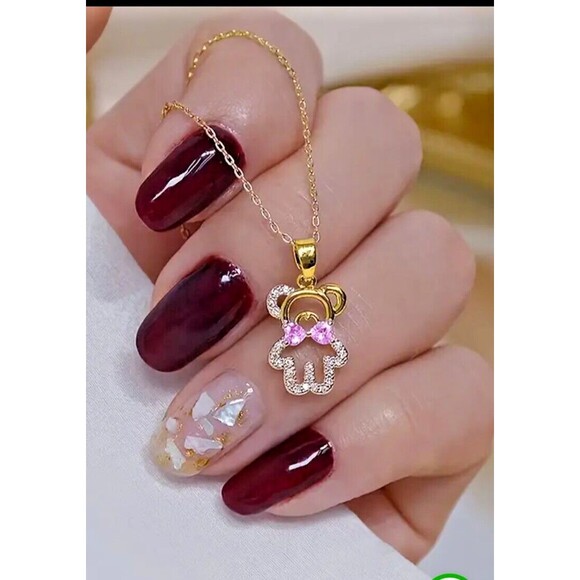 Iced Gold Rhinestone BEAR Pink HEARTS Bow Gold Chain Necklace - Picture 4 of 4